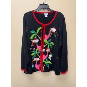 Berek Tropical Christmas Flamingo Palm Tree Beaded Cardigan Sweater Black XXL